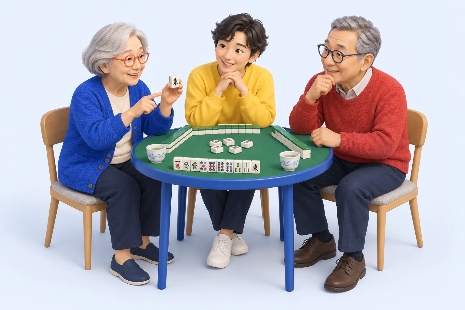 同じ3人が卓を囲み、麻雀を教え合う構想の場面